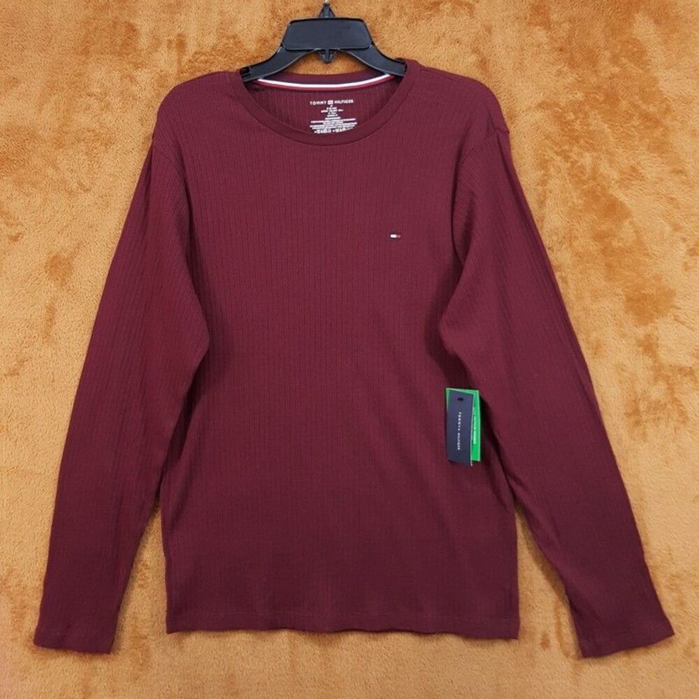 TOMMY HILFIGER Shirt Mens Medium Maroon Pullover Crew Long Sleeve Ribbed Knit